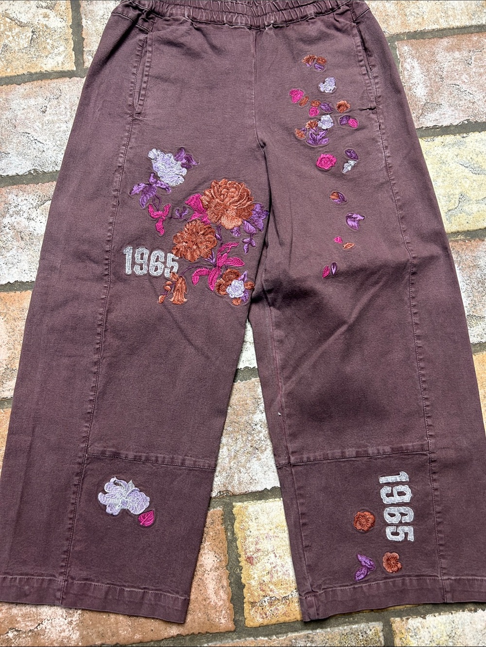 Pilcro Embroidered Wide-Leg Cropped Pants in Deep Plum